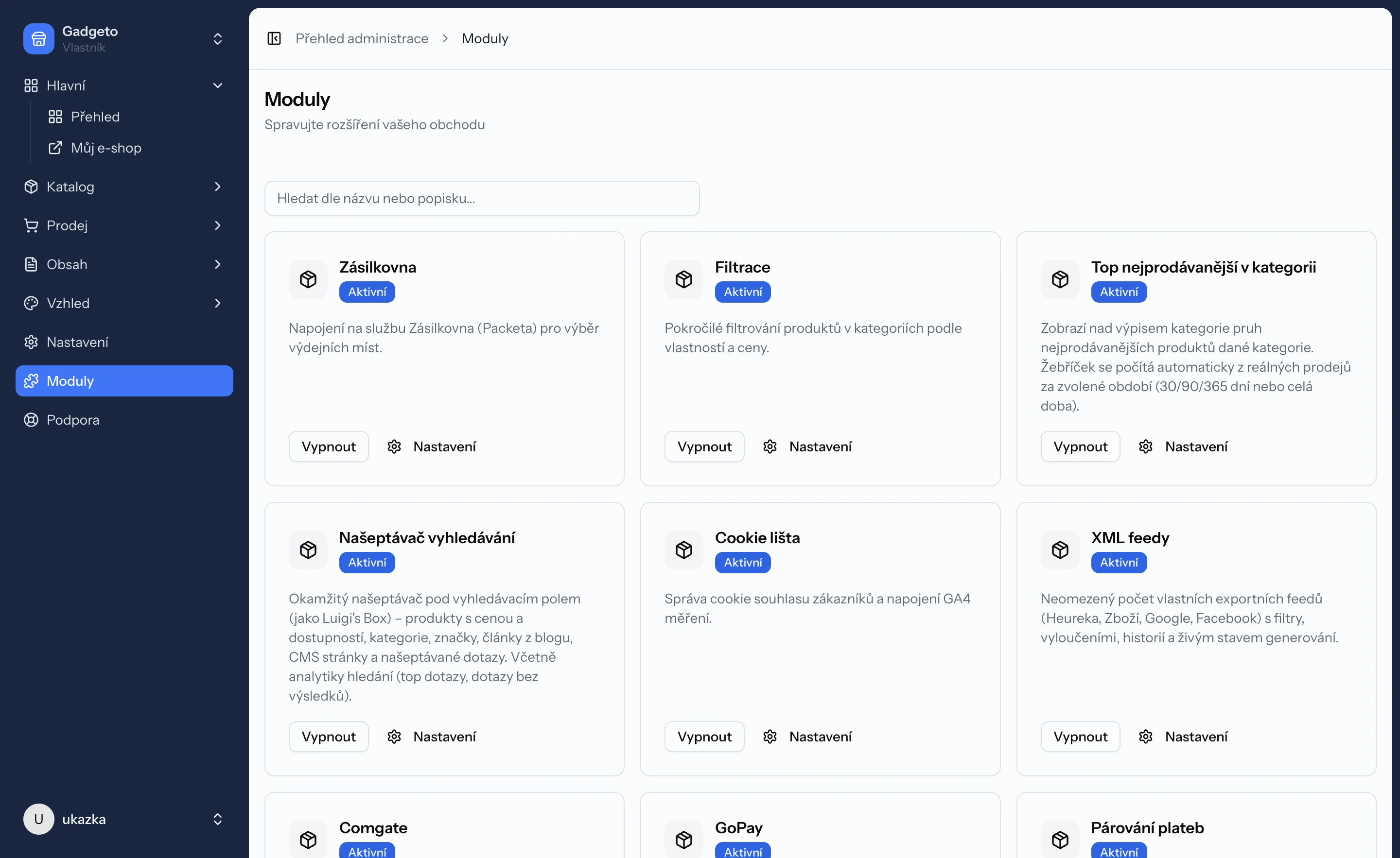 Administrace ShopG — moduly a integrace
