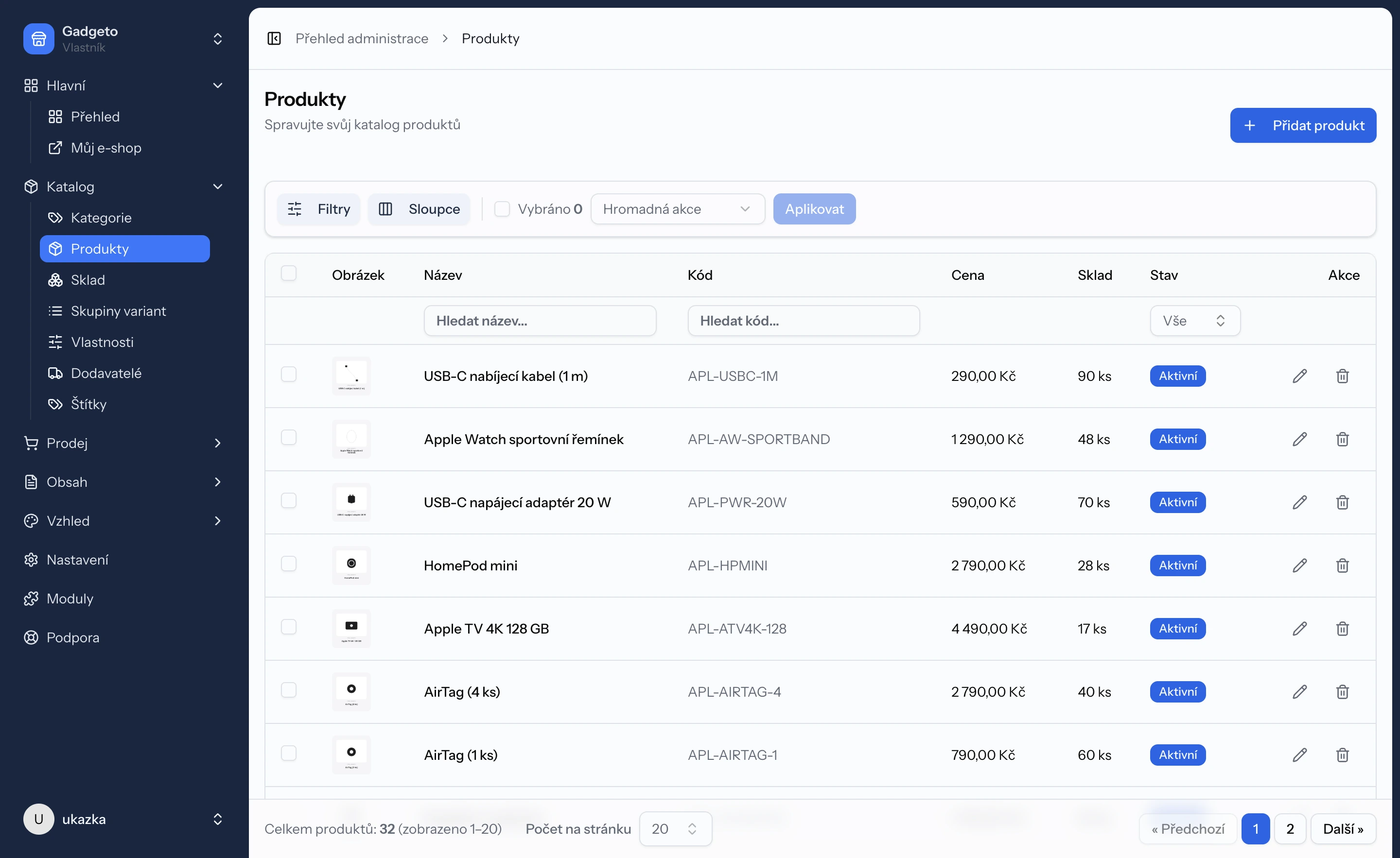 Administrace ShopG — katalog produktů