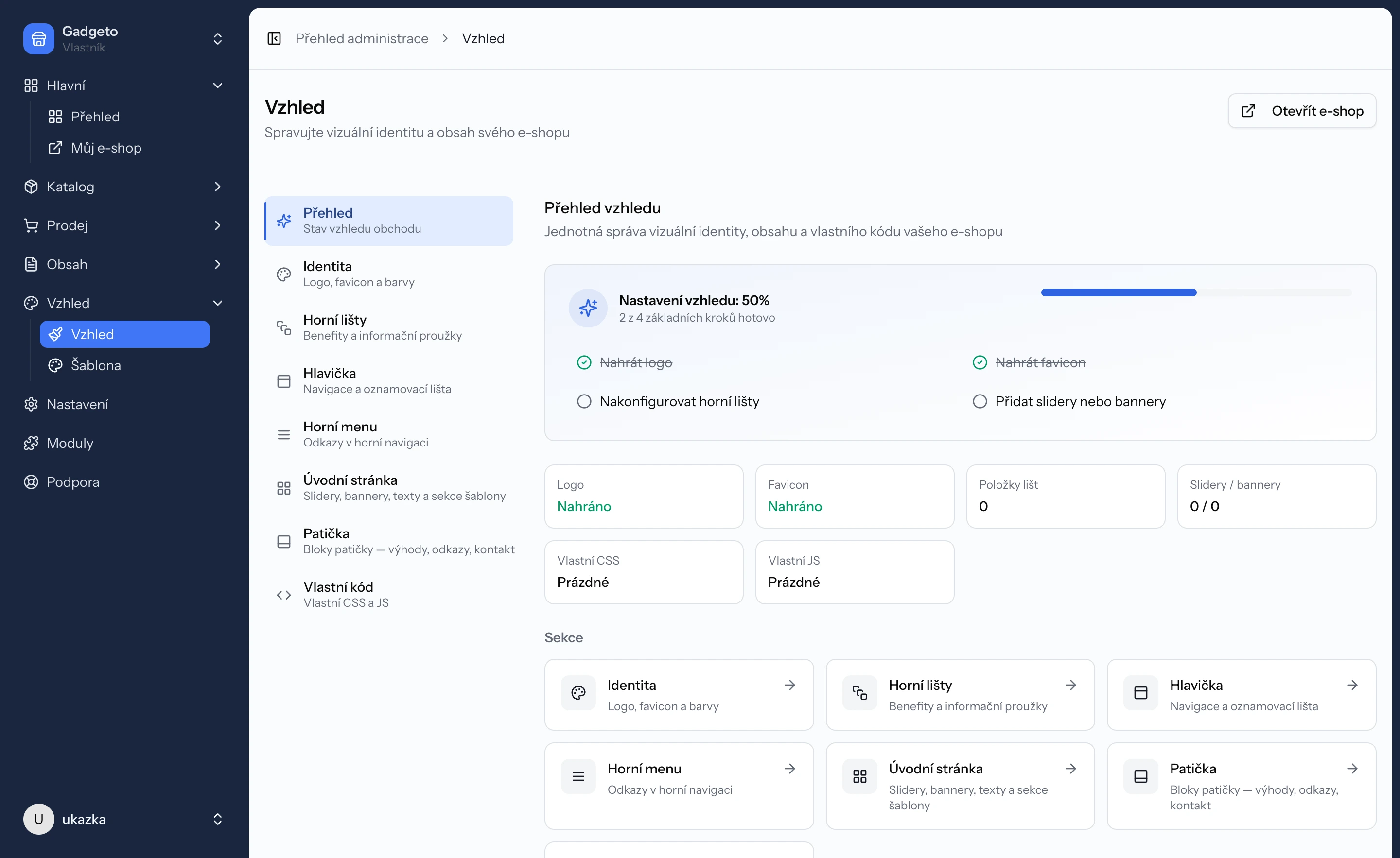 Administrace ShopG — vzhled a identita