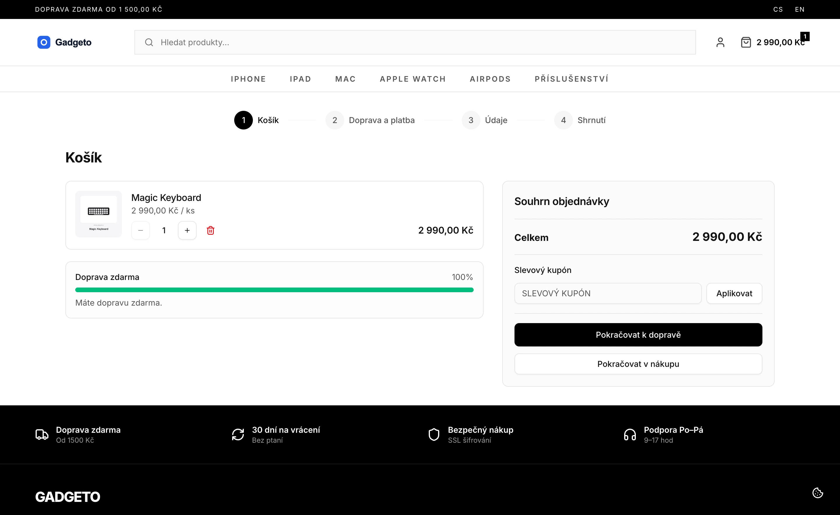 Výloha e-shopu na ShopG — košík a pokladna