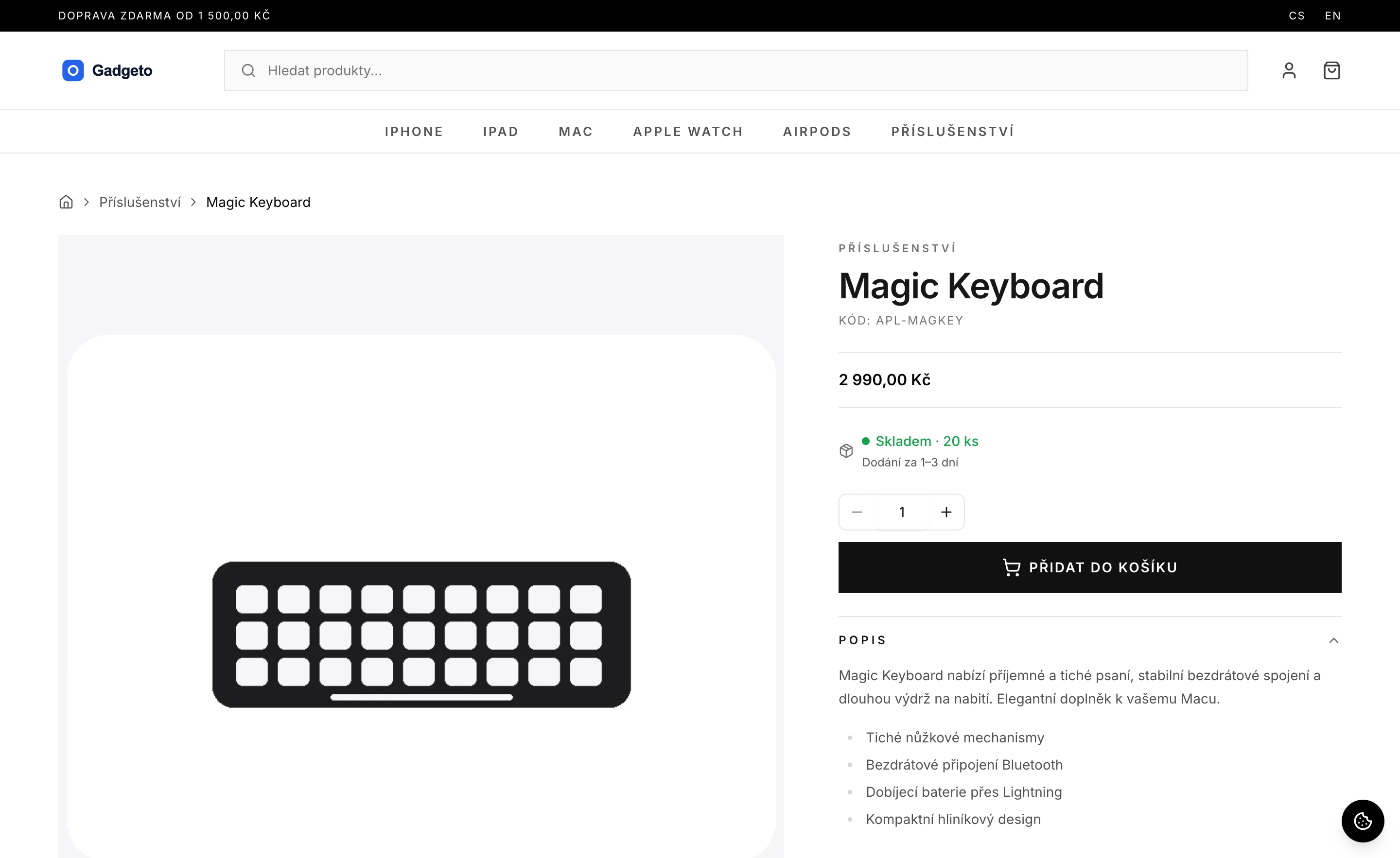 Výloha e-shopu na ShopG — detail produktu s popisem a cenou
